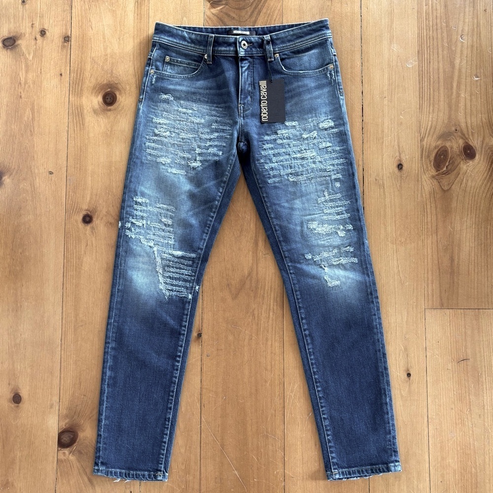Roberto Cavalli Distressed Straight Leg Jeans in Dark Blue